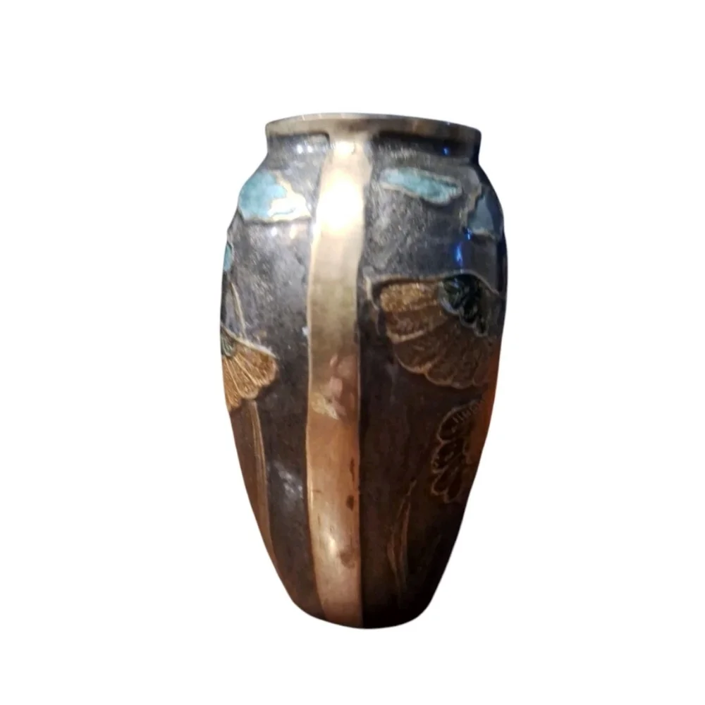 Vintage Brass Enamel Vase Nature Bird Animals Scene